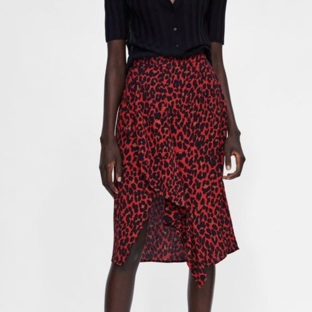 Zara red leopard print midi skirt
